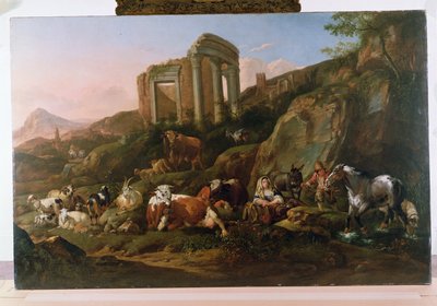 動物のいる古典的な風景 作： Johann Heinrich Roos