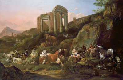 古典的な風景の中の家畜、1684 作： Johann Heinrich Roos