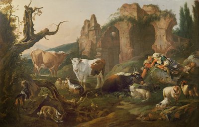 風景の中の家畜、1685 作： Johann Heinrich Roos