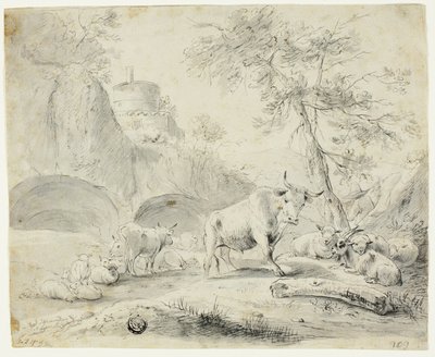 牧夫と羊、山羊、牛のいる風景 作： Johann Heinrich Roos