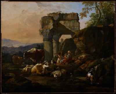 牛と羊飼いのいるローマの風景、1676年 作： Johann Heinrich Roos