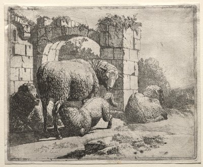 アーチの廃墟の近くの羊 作： Johann Heinrich Roos