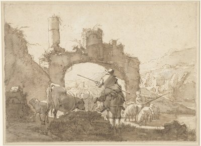 2 人の羊飼いが牛を川に追いやる 作： Johann Heinrich Roos