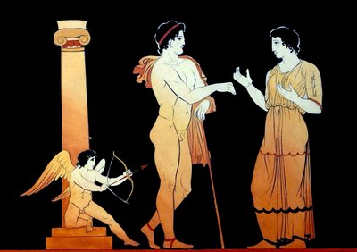 話している若いカップルに彼の矢の 1 つを向けるエロス c.1796 (銅板の彫刻) 作： Johann Heinrich Wilhelm Tischbein
