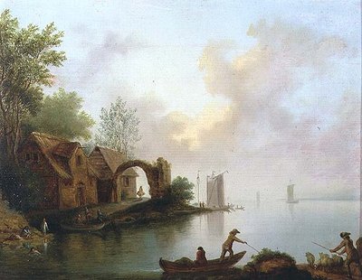 船頭のいる樹木が茂った川の風景 作： Johann Heinrich Wust