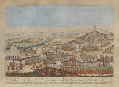 1789 年 4 月 20 日のガラティでのロシア軍とオスマン軍の間の事件。 作： Johann Hieronymus Loeschenkohl