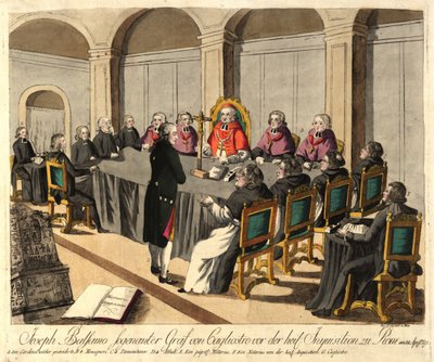 1791 年 4 月 14 日のローマでの異端審問の前に、カリオストロ伯ジョセフ バルサモ。 作： Johann Hieronymus Loeschenkohl