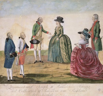 1787年5月18日、コイダックでドイツのジョセフ2世（1741-90）と皇后両陛下（1729-96）との出会い（色付き銅版画） 作： Johann Hieronymus Loeschenkohl