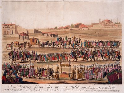 1789年4月13日のスルタン・セリム3世（1761-1808）の剣を帯びた入場 - Loeschenkohl, Johann Hieronymus (1753-1807) - 1789 - エッチング、水彩画 - 38,6x50,2 - 個人蔵 作： Johann Hieronymus Loeschenkohl