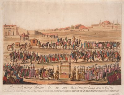 1789年4月13日、1789年、1789年4月13日のセイバーのガーディングへのスルタンセリムIIIの進入 作： Johann Hieronymus Loeschenkohl