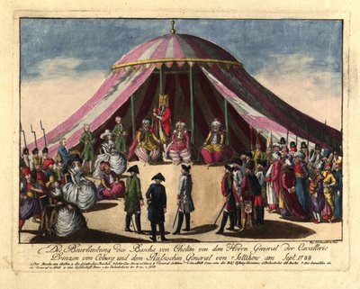 1788 年 9 月、ザクセン＝コーブルクのジョシアス公および将軍によるホティンのパシャの寄託。 作： Johann Hieronymus Loeschenkohl