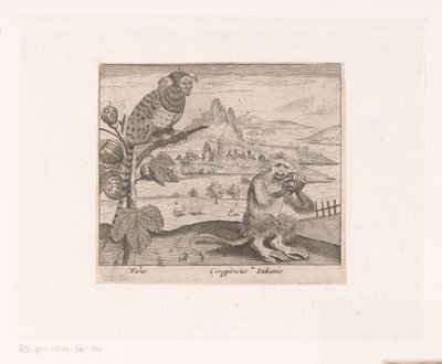 風景の中に花や動物を描いた版画シリーズ イチジクの木と猿のいる風景 動植物と花のある風景（連載タイトル） 作： Johann Hogenberg