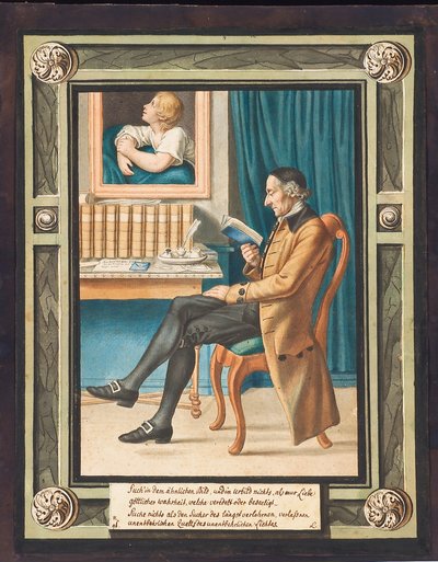 Johann Caspar Lavater (1741-1801) の肖像画、左側の横顔、座って本を読んでいる (彫刻の上に水彩画) 作： Johann Jacob Lips