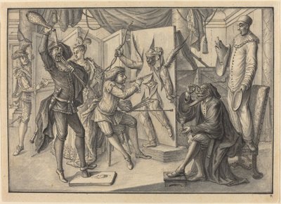 Mezzetin は、道化師を明らかにするためにカンバスを切り取り、キューピッドの肖像画を「描く」 作： Johann Jacob Schubler
