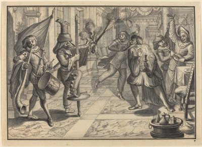 船長に変装したメゼタンとハーレクイン、パンタロンの夕食を妨害 作： Johann Jacob Schubler