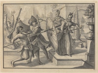 庭でコロンバインとブリガテラと戦うパンタロンとドクター 作： Johann Jacob Schubler