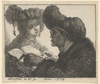 若い女性に朗読するターバンを巻いた男性 作： Johann Jakob Dorner the Elder