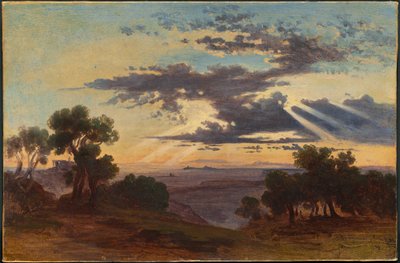 ローマのカンパーニャの上の雲の切れ間から太陽が差し込む 作： Johann Jakob Frey