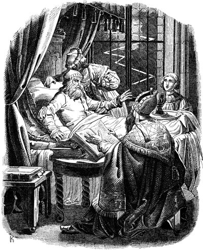 1840年にE.ダラーがドイツ人の歴史から描いた、ブランスヴィークでの死の前のライオンヘンリー 作： Johann Jakob Kirchhoff