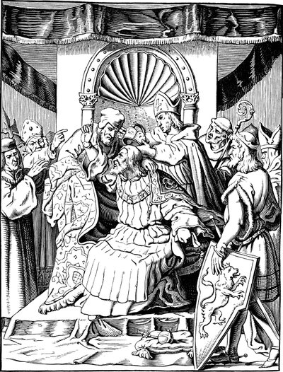 インゲルハイムでの皇帝ヘンリー 4 世の退位 E. Duller によるドイツ人の歴史からのイラスト、1840 年 作： Johann Jakob Kirchhoff