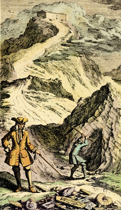 古生物学: スイスの博物学者ヨハン・ヤコブ・ショイツァー (1672-1733) は、化石のおかげで、スイスの山岳地帯で大洪水の痕跡を発見しました。 「Museum Diluvianum」からの彫刻 作： Johann Jakob Scheuchzer