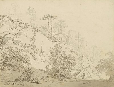 岩の多い地形、背景の城で休んでいる農民 作： Johann Josef Schindler