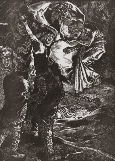 Macbeth e Banquo conhecem as três bruxas, século XX (gravura) 作： Johann Joseph Aarts