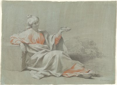 屋外に座って、ボウルを持つ若い女性 作： Johann Justin Preissler