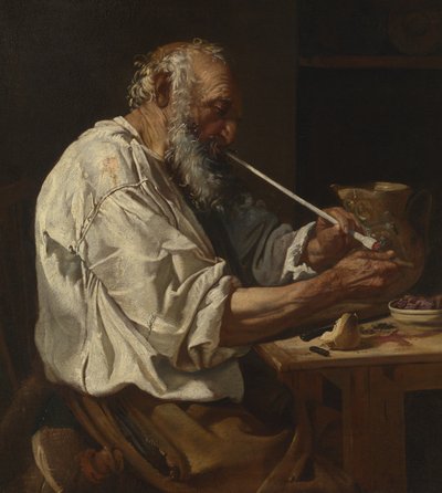 パイプに火をつける老農民、1660年頃（キャンバスに油彩） 作： Johann Karl Loth