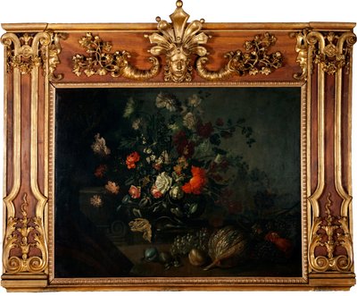ブドウ、カボチャ、ザクロのある花の静物 作： Johann Kunstner
