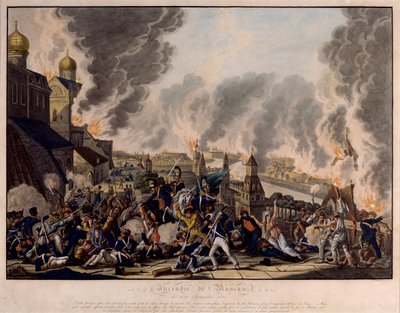 1812 年 9 月 15 日のモスクワの焼失。 大陸軍 (フランス) がロシアの都市を襲撃した (ナポレオン戦争) 作： Johann Lorenz Rugendas