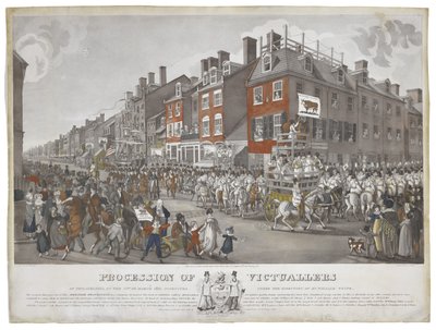 1821年3月15日のフィラデルフィアの酒保人の行列 1821年～1822年頃（紙にアクアチントと手彩色のエッチング 作： Johann Ludwig  Krimmel