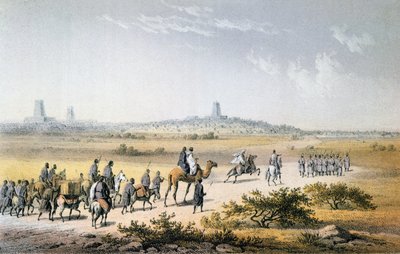 Eberhard Emminger（1808-85）によって刻まれたバースによる「北アフリカと中央アフリカの旅と発見」から1853年にハインリッヒバース（1821-65年）のキャラバンがティンブクトゥに侵入した1857年（colou）の彫刻 作： Johann Martin Bernatz