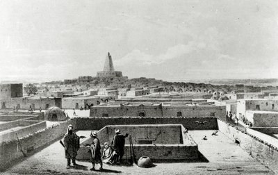 「北アフリカと中央アフリカの旅と発見」からの旅行者の家のテラスからのTimbuktu 1857-58年公開 作： Johann Martin Bernatz