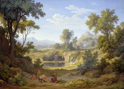 1829年の巡礼者と素朴なイタリアの風景 作： Johann Martin von Rohden