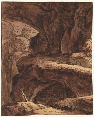 洞窟礼拝堂のある岩の多い風景、19 世紀。 作： Johann Martin von Rohoden