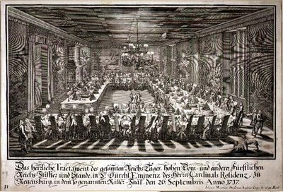 1717年9月26日、レーゲンスブルク枢機卿の宮殿の王の広間での宴会（エングレーヴィング 作： Johann Matthias and Geyer Andreas Steidlin