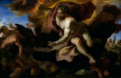 ジョーブは反抗的な巨人にサンダーボルトを投げます、1690-95年頃（キャンバスに油彩） 作： Johann Michael Rottmayr