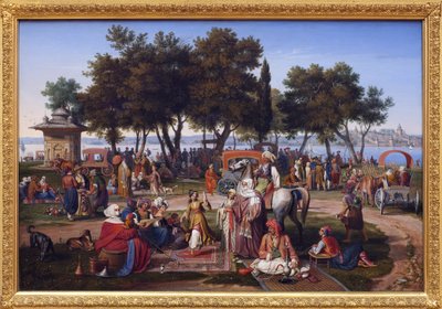 コンスタンティノープル（現在のトルコ・イスタンブール）のアジアの淡水。Johann Michael Wittmer (1802-1880)による絵画、油彩・キャンバス 作： Johann Michael Wittmer