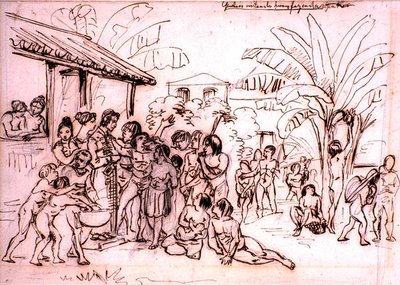 領地を訪れたインディアン、ブラジル、1825年頃（鉛筆の上にペンと茶色のインク）。 作： Johann Moritz Rugendas