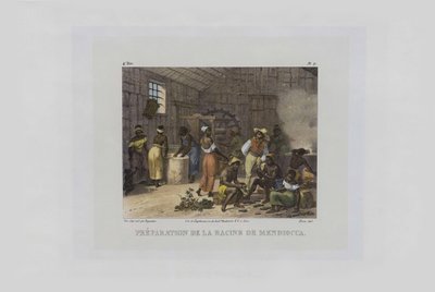 マンディオカの根の準備。 1830年から1835年のブラジルの絵の旅から。 作： Johann Moritz Rugendas