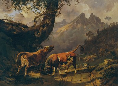 カラーラの近くの背景の風景の中で、牛を追いかける雄牛 作： Johann Nepomuk Rauch
