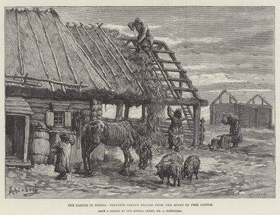 ロシアの飢饉、農家は屋根からサッチを取り牛に餌をやる 作： Johann Nepomuk Schonberg