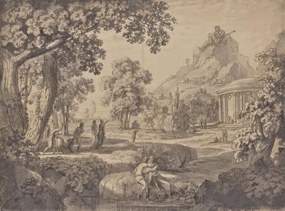 寺院のあるクラシックな風景、山の上の巨人 作： Johann Nepomuk Schödlberger