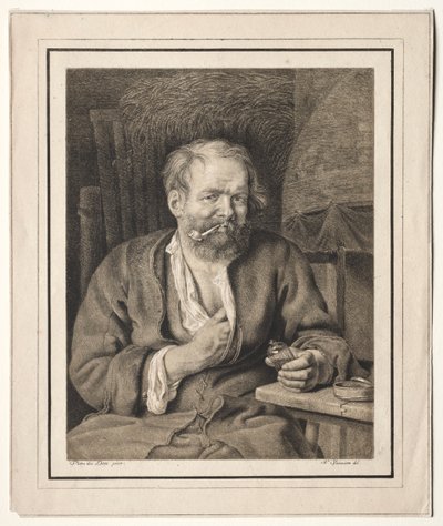 テーブルに座ってパイプを吸う農民 作： Johann Nepomuk Strixner