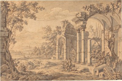 古代遺跡の中にある製図師のいる風景 作： Johann Oswald Harms