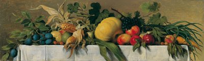 白いテーブル クロスに果物と野菜のある静物 作： Johann Peter Krafft