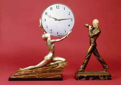時計を持ったひざまずく少女とフルート奏者（ブロンズ、アイボリー、メタル、マーブル） 作： Johann Philipp Ferdinand Preiss