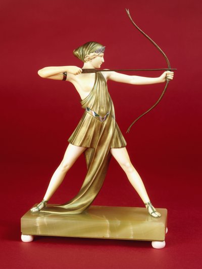 アーチャー（ブロンズとアイボリーの置物、アイボリーの足に緑色のオニキスベース） 作： Johann Philipp Ferdinand Preiss