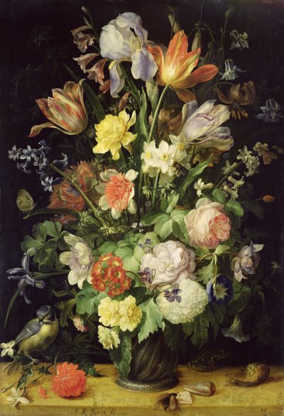 花と青シジュウカラのある静物 作： Johann Rudolf Byss